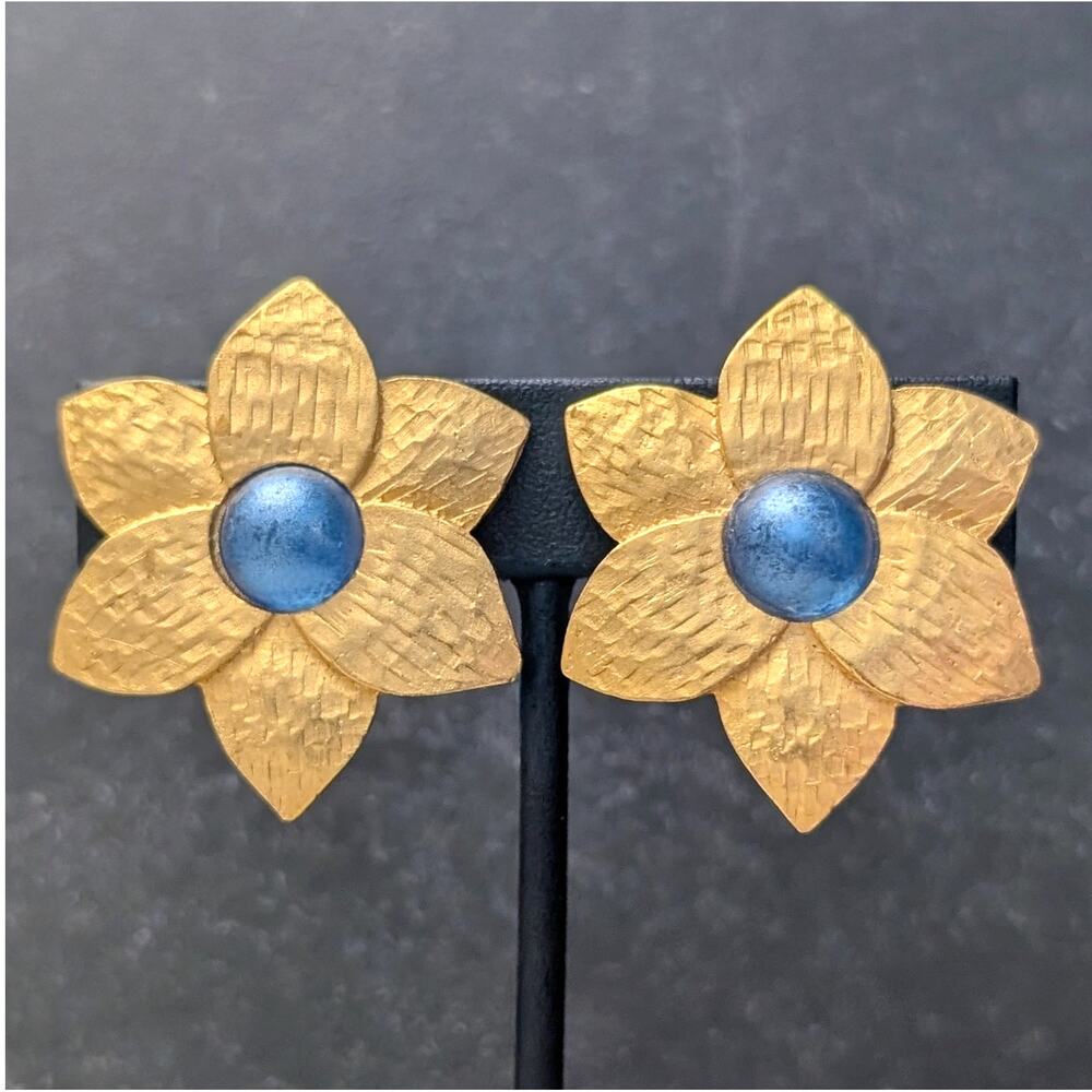 Vintage Clip On Earrings Extra Large Flower Gold Tone & Blue Statement Whimsical